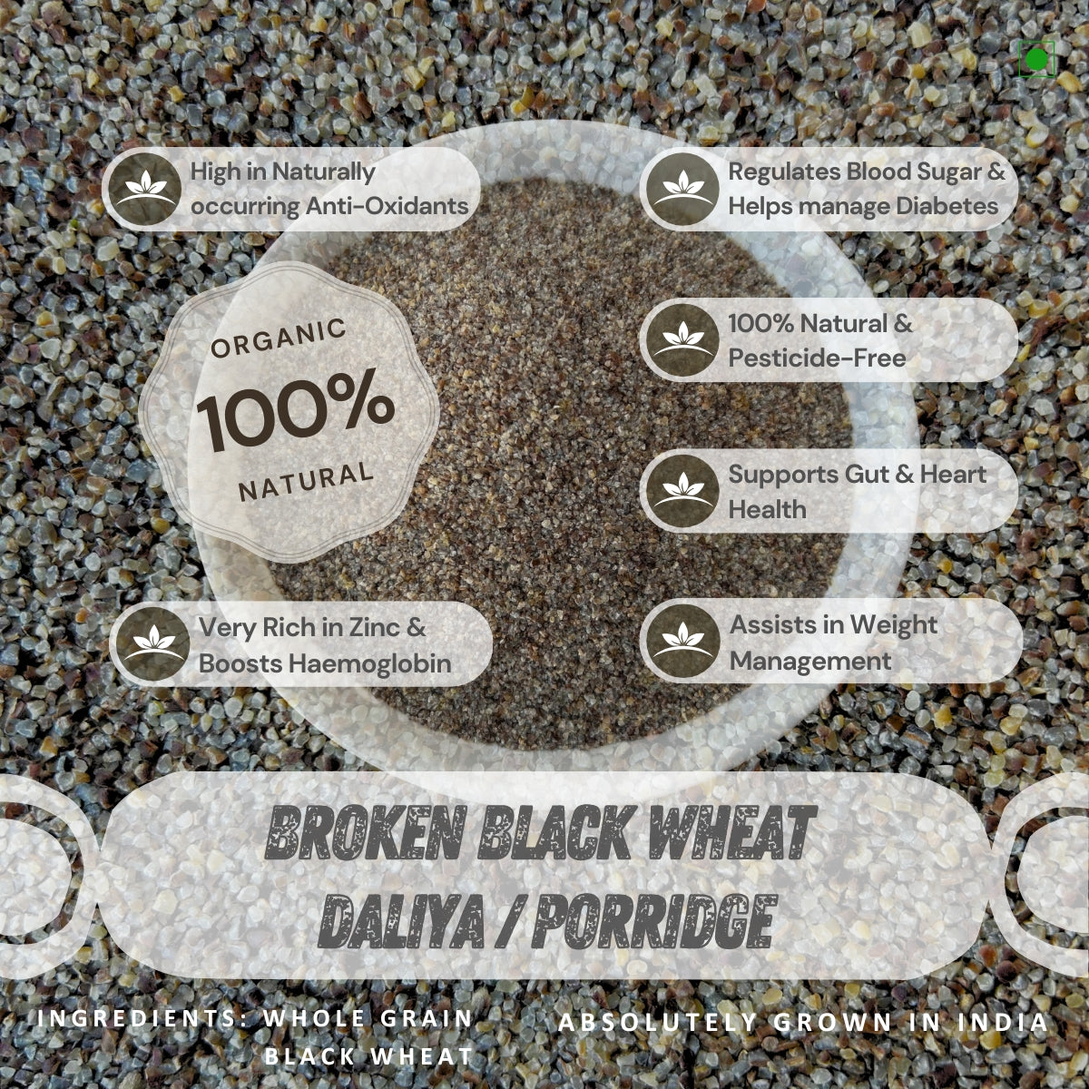 Broken black wheat daliya porridge with health benefits text overlay on a textured background